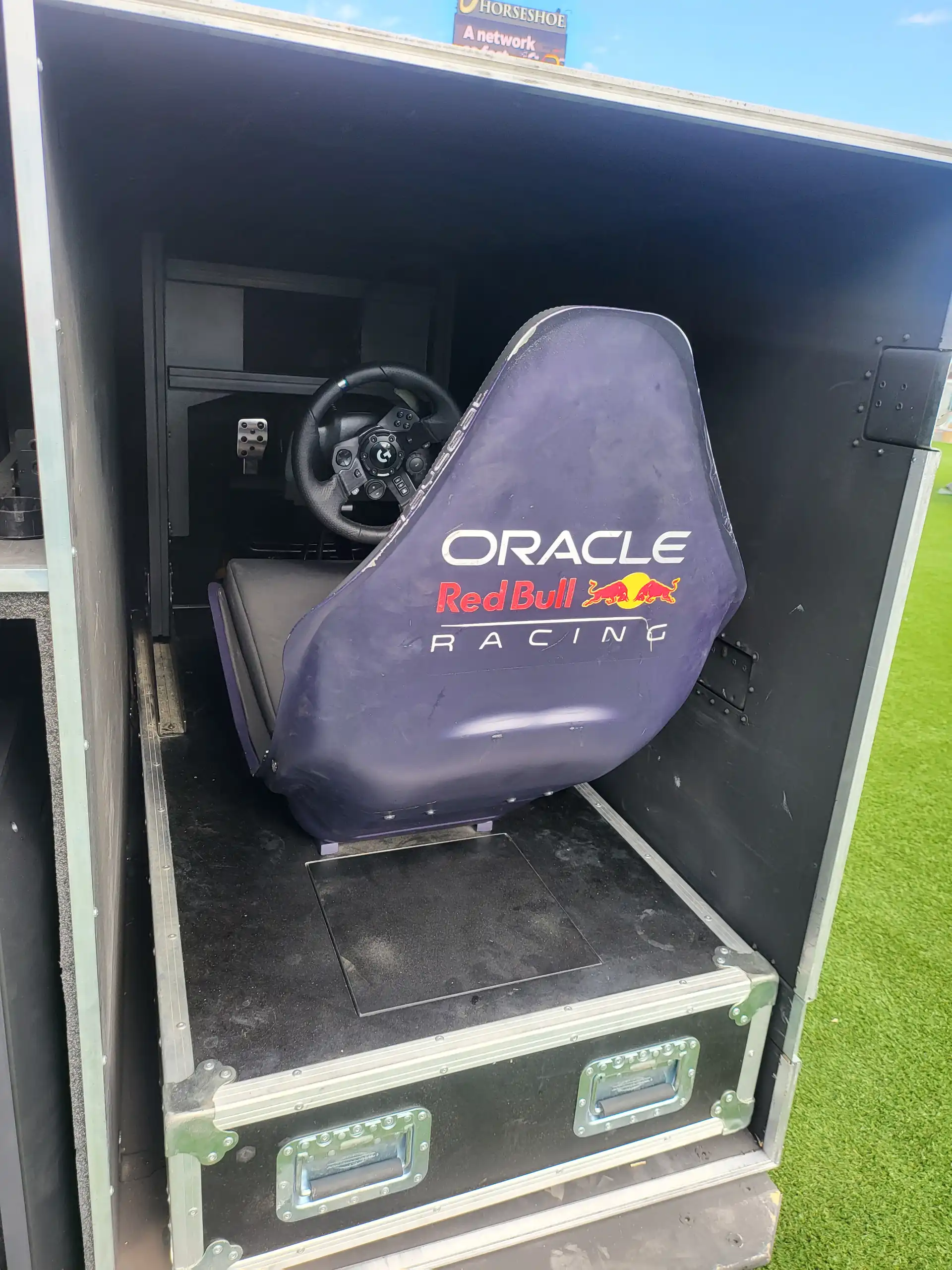 Racing simulator equipment packed in a road case